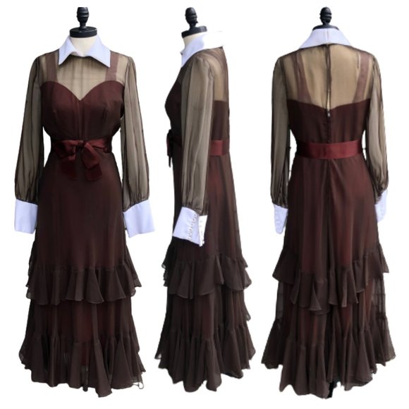 Vtg 60s/70s Wednesday Addams Goth Prairie Tiered Ruffle Contrast Trim Maxi Dress - Picture 17 of 17